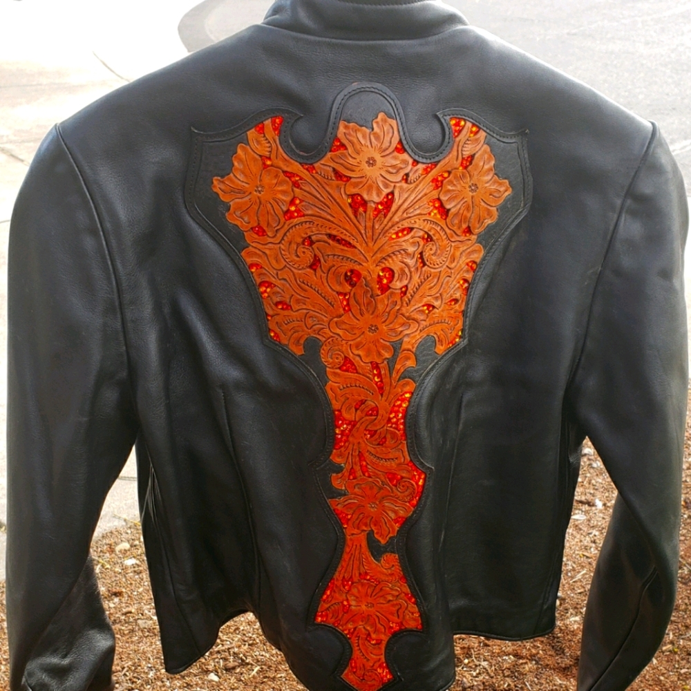 Leather tooled motorcycle jacket